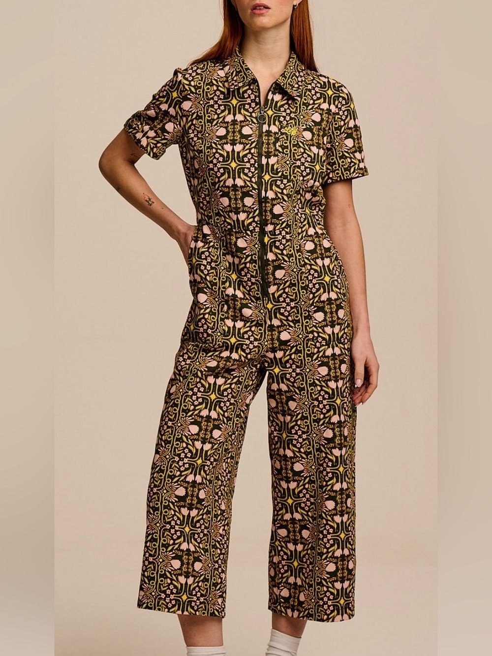 Lucy & Yak Olive and Pink Floral Zip Jumpsuit